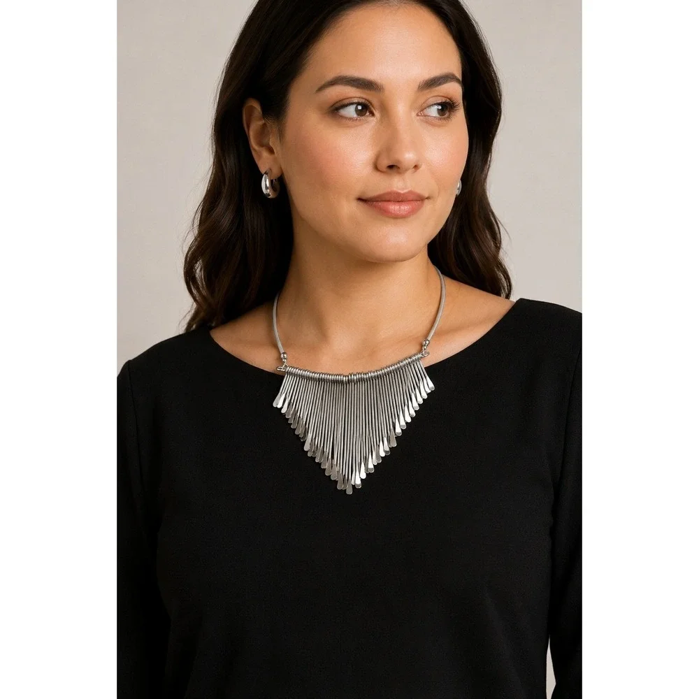 Fashion Jewelry Silver Fringe Statement Necklace Costume Party